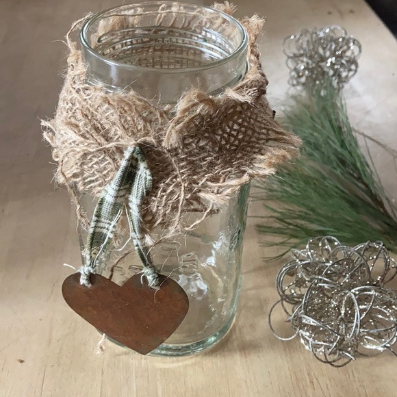 Other - Light Up Decor Rustic Farmhouse 20 oz Glass Decorative Jar Rusty Heart Burlap